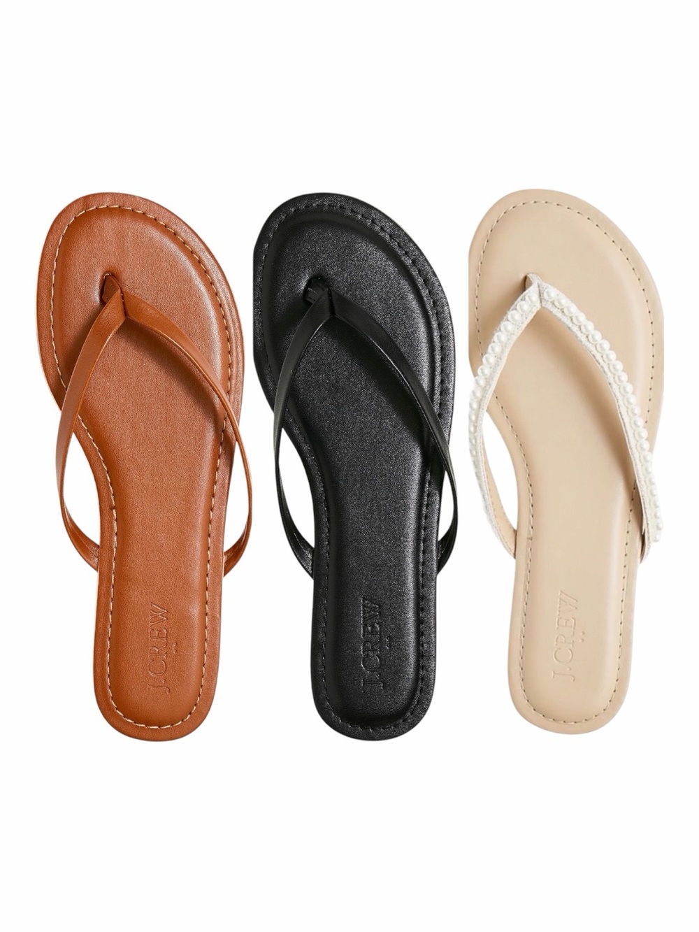 Lot of (3) J. Crew Easy Summer Flip-Flops in Brown, Black and Pearl Cream Size 7